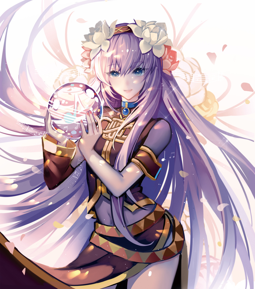 1girl amulet armlet asymmetrical_sleeves beamed_eighth_notes beamed_sixteenth_notes belt black_shirt black_skirt black_sleeves blue_eyes commentary contrapposto cowboy_shot crop_top detached_sleeves eighth eighth_note female_focus flower gold_trim hair_flower hair_ornament hairband hands_up highres holding_orb jewelry kazenemuri lipstick long_hair makeup megurine_luka midriff musical_note nail_polish navel petals pink_hair pink_nails quarter_note see-through_clothes shirt skirt smile solo musical_staff standing straight_hair treble_clef uneven_sleeves very_long_hair vocaloid