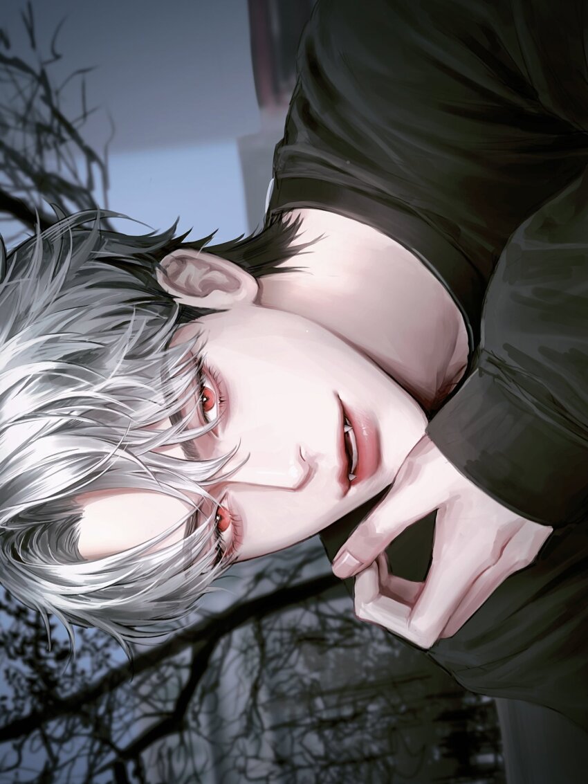 1boy aegyo_sal black_hair black_sweater colored_inner_hair commentary_request dang0_23 eunho_(plave) eyeshadow fangs fingernails hair_between_eyes highres korean_commentary looking_at_viewer makeup male_focus multicolored_hair outdoors parted_lips plave portrait red_eyes short_hair solo sweater teeth white_hair