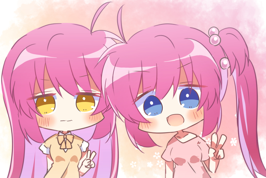 2girls ahoge blue_eyes blush bow casual chibi chibi_only closed_mouth commentary dress embarrassed eyes_visible_through_hair frown futaki_kanata hair_between_eyes hair_bobbles hair_ornament hand_up happy hashtag-only_commentary highres jitome little_busters! long_hair multiple_girls one_side_up open_mouth orange_bow pink_background pink_shirt purple_hair saigusa_haruka shirt short_sleeves siblings side_ponytail simple_background sisters smile twins twins_day upper_body utuigawa v yellow_dress yellow_eyes