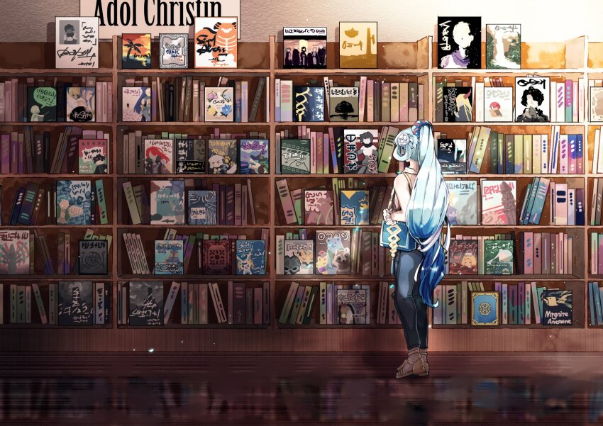 adol_christin ancient_ys_vanished bag blue_bag blue_hair book bookshelf character_name dana_iclucia dark_fact denim dogi_(ys) from_behind hair_ribbon hair_rings highres library long_hair mrgniteanemone reah_(ys) ribbon shoulder_bag toal_fact very_long_hair white_cat_(ys) white_ribbon ys ys_ix_monstrum_nox ys_origin ys_viii_lacrimosa_of_dana