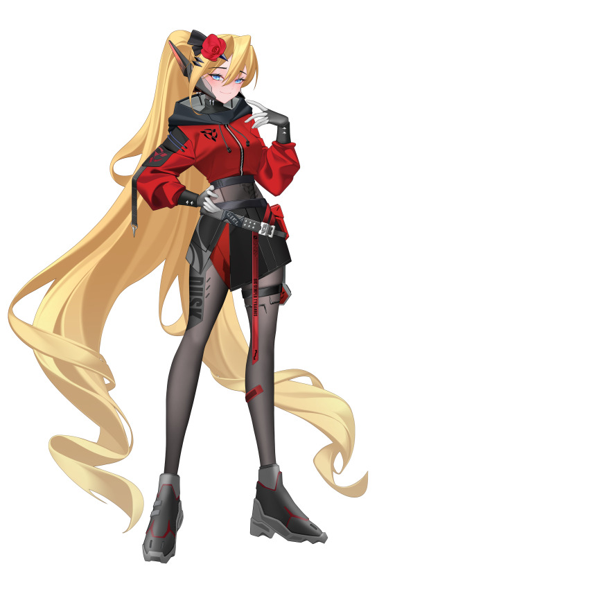 1girl absurdres alternate_costume alternate_hairstyle belt blonde_hair blue_eyes bodystocking breasts ciel_(mega_man) commission commissioner_upload covered_navel digital_hazard eyelashes flower full_body gloves hair_flower hair_ornament hairclip hand_on_own_hip high_tops highres hood hood_down hoodie long_bangs long_hair mechanical_ears mega_man_(series) mega_man_zero_(series) non-web_source petite ponytail red_flower red_rose rhan rose shoes skirt small_breasts sneakers thigh_strap thighs transparent_background very_long_hair zipper