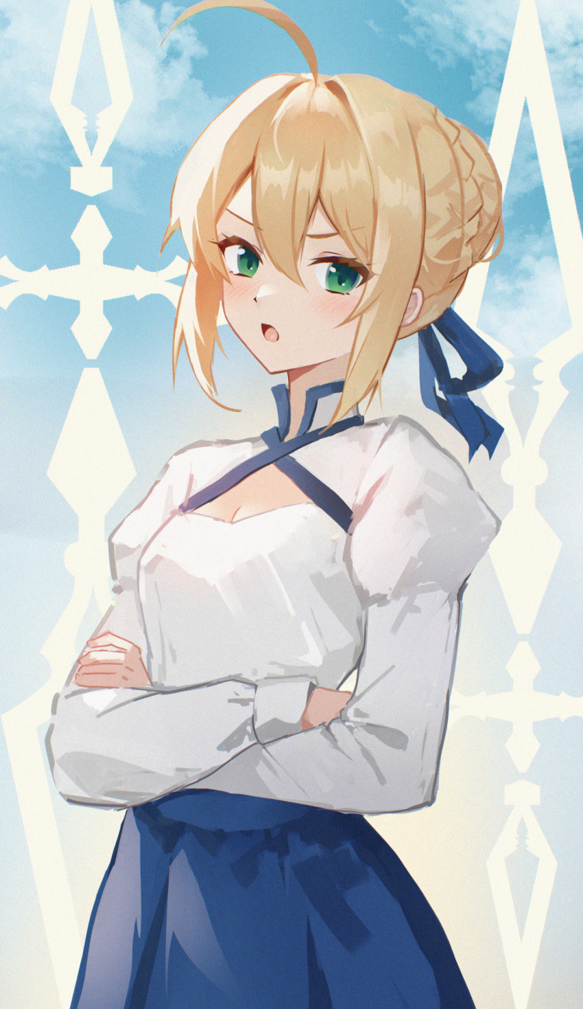 1girl ahoge artoria_pendragon_(fate) blonde_hair blue_ribbon braid braided_bun breasts cleavage cleavage_cutout clothing_cutout collared_dress danraz0r dress fate/stay_night fate_(series) green_eyes hair_bun highres looking_at_viewer open_mouth pleated_dress ribbon saber_(fate) sidelocks small_breasts