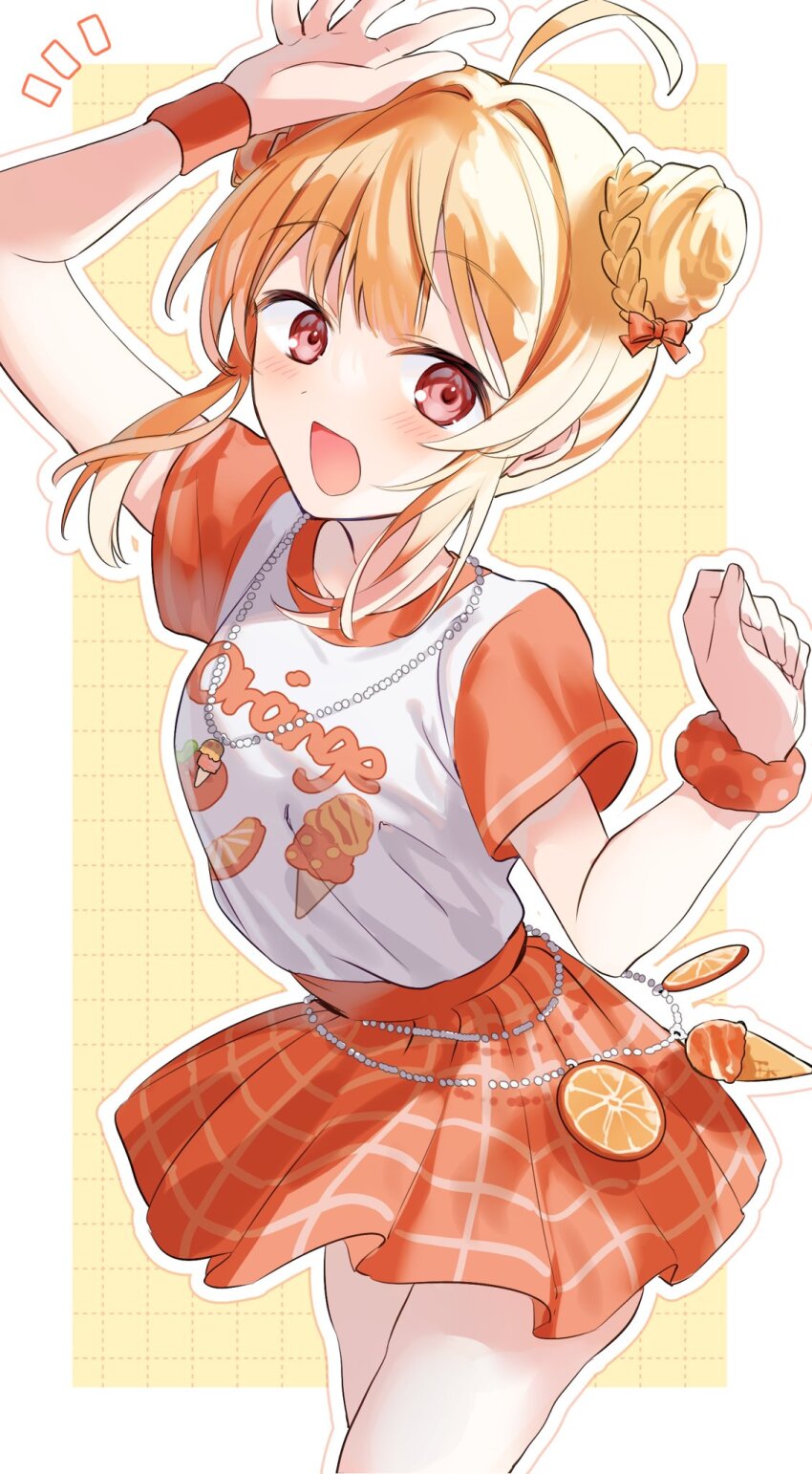 1girl ahoge arm_up blonde_hair blush bow braid double_bun food fruit hair_bow hair_bun highres hololive hololive_dev_is holonatsu_paradise jewelry looking_at_viewer matsuzaka_(matsuzakagyu_29) necklace notice_lines open_mouth orange_(fruit) orange_skirt otonose_kanade otonose_kanade_(holonatsu_paradise) plaid_clothes plaid_skirt pleated_skirt raglan_sleeves red_eyes scrunchie shirt short_sleeves sidelocks skirt smile solo virtual_youtuber white_shirt wrist_scrunchie