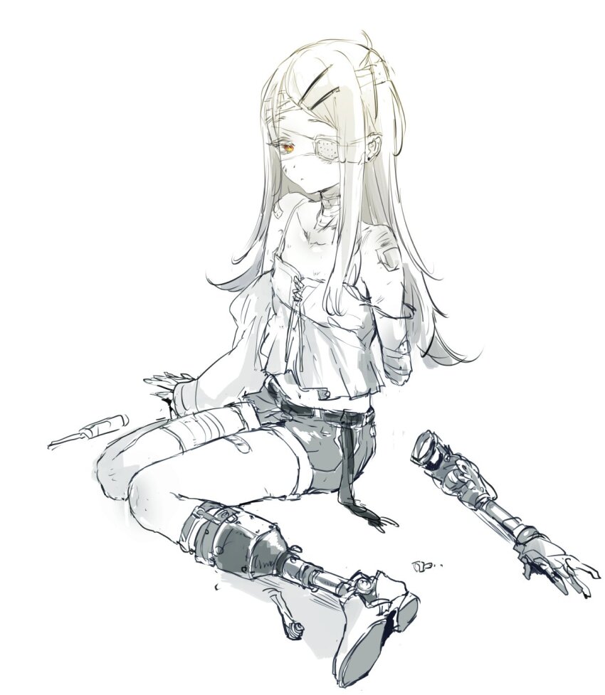 1girl amputee bandaged_arm bandaged_head bandaged_leg bandaged_neck bandages bandaid bandaid_on_leg bandaid_on_shoulder belt breasts camisole closed_mouth commentary crop_top detached_sleeves double_amputee expressionless eyepatch full_body gakuen_idolmaster greyscale hair_ornament hairclip highres idolmaster injury long_hair looking_at_viewer medical_eyepatch midriff monochrome one_eye_covered orange_eyes osakana_(denpa_yun&#039;yun) prosthesis prosthetic_arm prosthetic_leg screwdriver shinosawa_hiro short_shorts shorts simple_background single_detached_sleeve sitting skinny small_breasts socket_wrench solo spaghetti_strap spot_color strap_slip swept_bangs symbol-only_commentary wariza