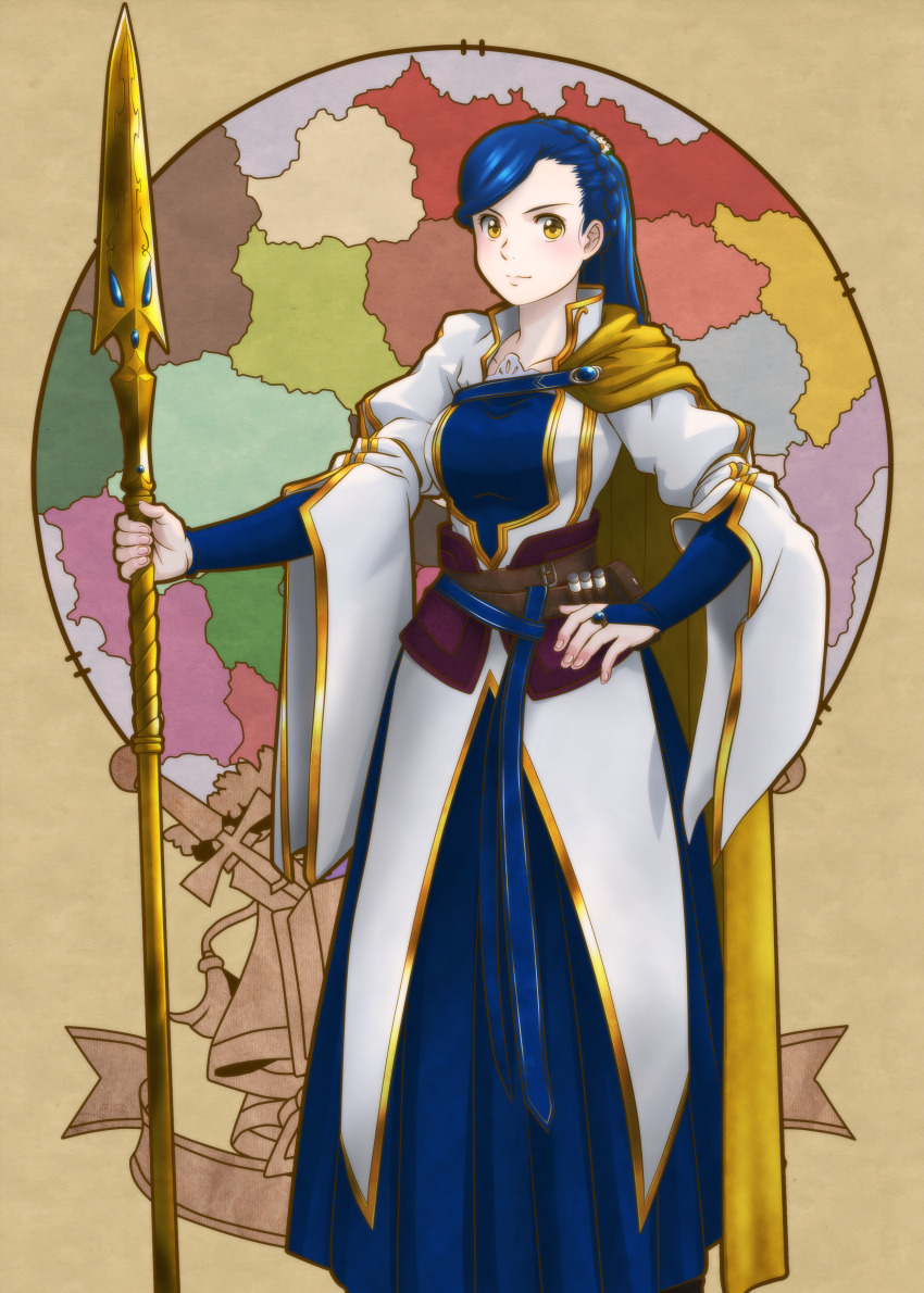 1girl absurdres blue_hair blue_skirt braid brooch cape flower genya_(genya67) gold_trim hair_flower hair_ornament hand_on_own_hip highres holding holding_polearm holding_weapon honzuki_no_gekokujou jewelry long_hair long_skirt long_sleeves looking_at_viewer map myne_(honzuki_no_gekokujou) polearm robe skirt solo standing vial weapon yellow_background yellow_cape yellow_eyes