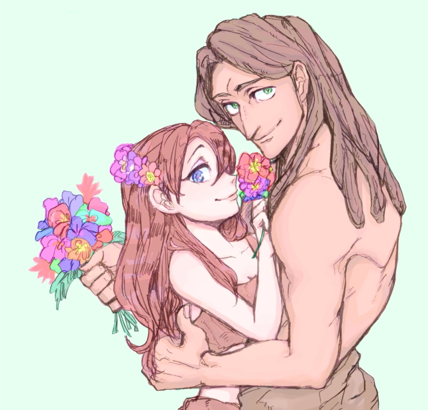 1boy 1girl blue_background blue_eyes bouquet brown_hair couple disney flower green_eyes hair_flower hair_ornament height_difference hetero holding jane_porter kanaharu_0401 profile tarzan tarzan_(disney) topless_female