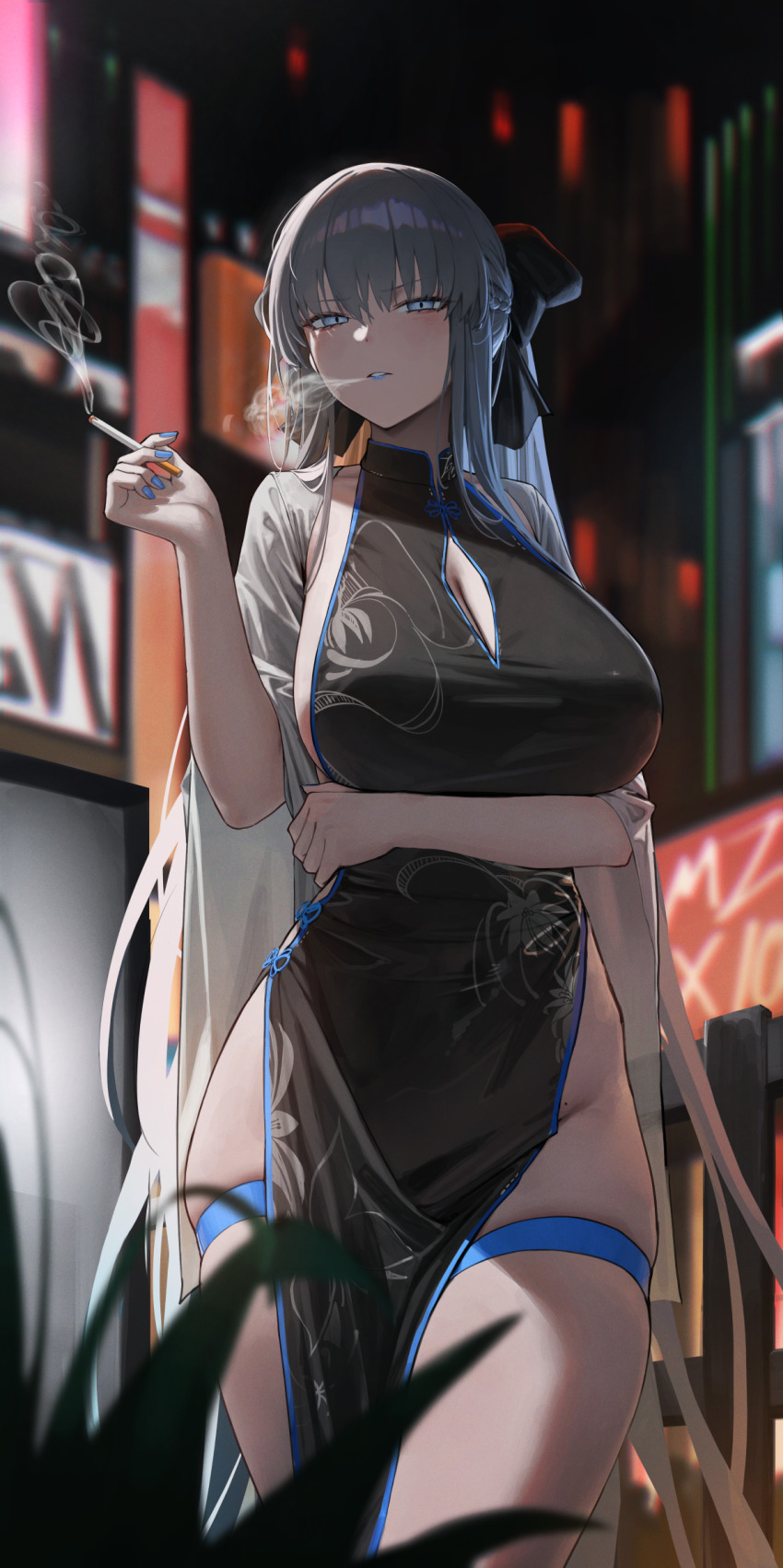 1girl black_dress blue_eyes blue_nails bow breasts china_dress chinese_clothes cigarette dress fate/grand_order fate_(series) gradient_hair hair_bow highres large_breasts looking_at_viewer mizoshi-x morgan_le_fay_(fate) multicolored_hair nail_polish pelvic_curtain print_dress smoking solo standing thigh_strap thighs white_hair