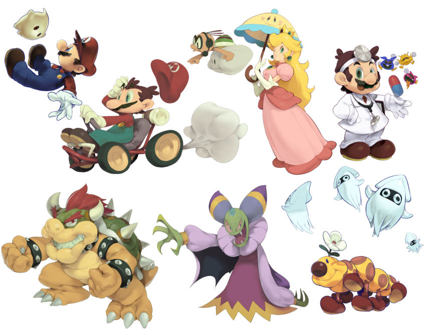 1boy 1girl alternate_costume blonde_hair blooper_(mario) bowser brown_hair cackletta cloud crown dr._mario dr._mario_(game) dress drugs earrings elbow_gloves facial_hair gloves go-kart green_eyes hat highres horns jewelry koki_(ryoushikiha) lakitu long_hair luma_(mario) mario mario_&amp;_luigi:_superstar_saga mario_&amp;_luigi_rpg mario_(series) mario_kart mustache nintendo parasol perry_(mario) pill pink_dress princess_peach red_eyes red_hair simple_background super_mario_galaxy super_mario_world super_princess_peach umbrella virus wiggler