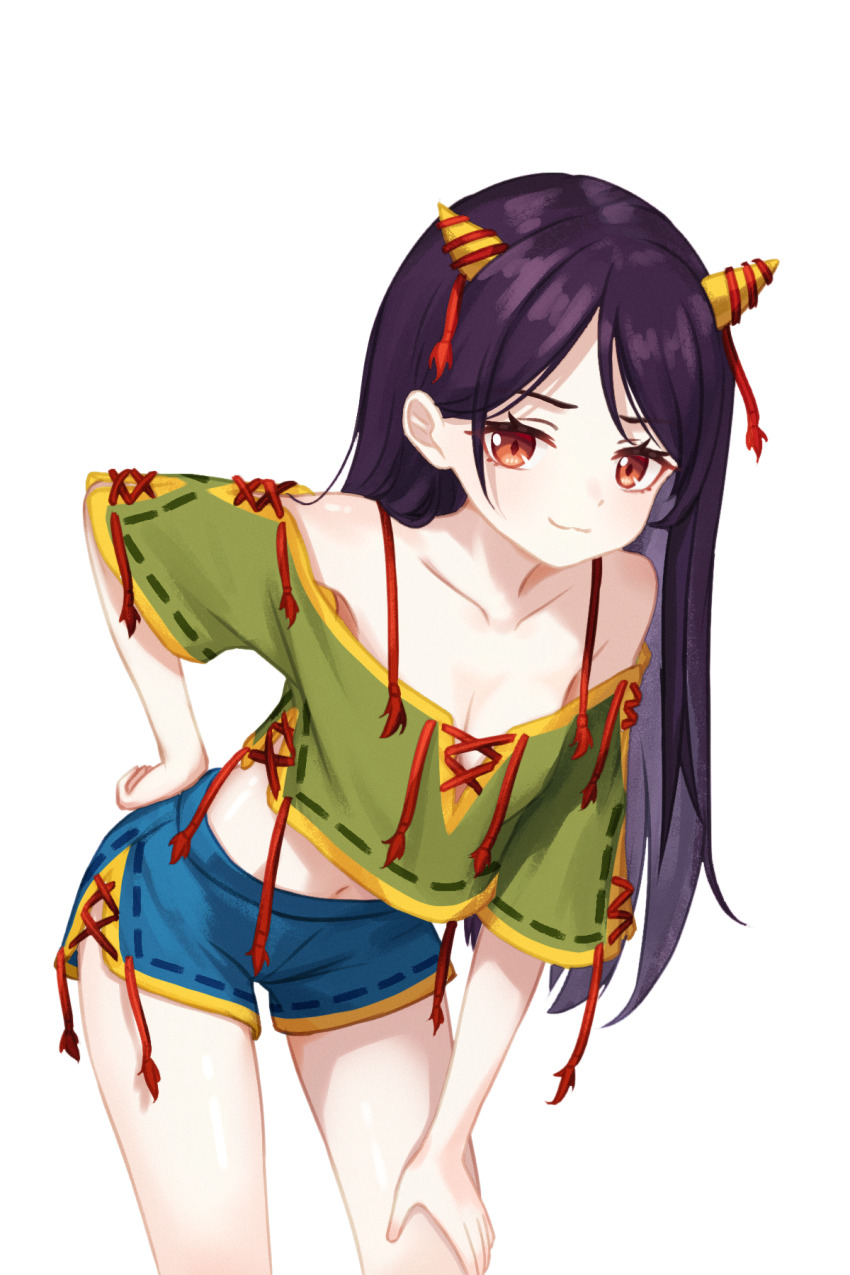 1girl blue_shorts breasts brown_hair chunjiu cleavage closed_mouth collarbone commentary cone_horns cross-laced_clothes cross-laced_pants cross-laced_top green_shirt highres horns leaning long_hair looking_at_viewer midriff navel nippaku_zanmu red_eyes shirt short_sleeves shorts simple_background smile solo touhou very_long_hair white_background yellow_horns