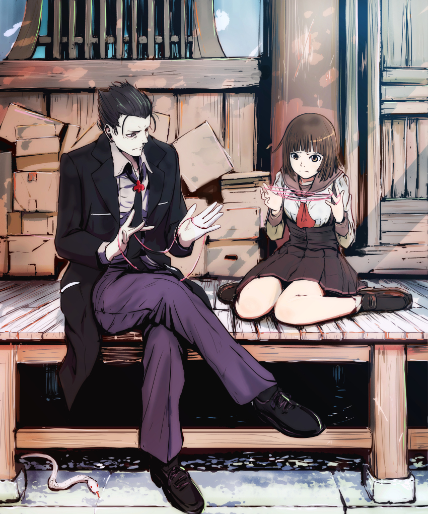 1boy 1girl absurdres ahoge ankle_socks black_footwear black_hair black_legwear black_neckwear blunt_bangs box box_stack brown_eyes brown_footwear brown_hair brown_sailor_collar brown_skirt cardboard_box cat&#039;s_cradle club_(shape) commentary crossed_legs dress_shirt forked_tongue frustrated furrowed_brow hair_slicked_back hair_strand highres huge_filesize jacket kaiki_deishuu light_frown loafers long_sleeves looking_at_another looking_at_object medium_hair monogatari_(series) nanahyakuichi_middle_school_uniform neckerchief necktie panties pillar pink_string pocket pocket_square post red_eyes red_neckwear sailor_collar school_uniform sengoku_nadeko serafuku shinji85 shirt shoes shrine sitting skirt snake socks string suit_jacket suspender_skirt suspenders teaching tongue tongue_out underwear veranda wariza white_legwear white_shirt white_snake