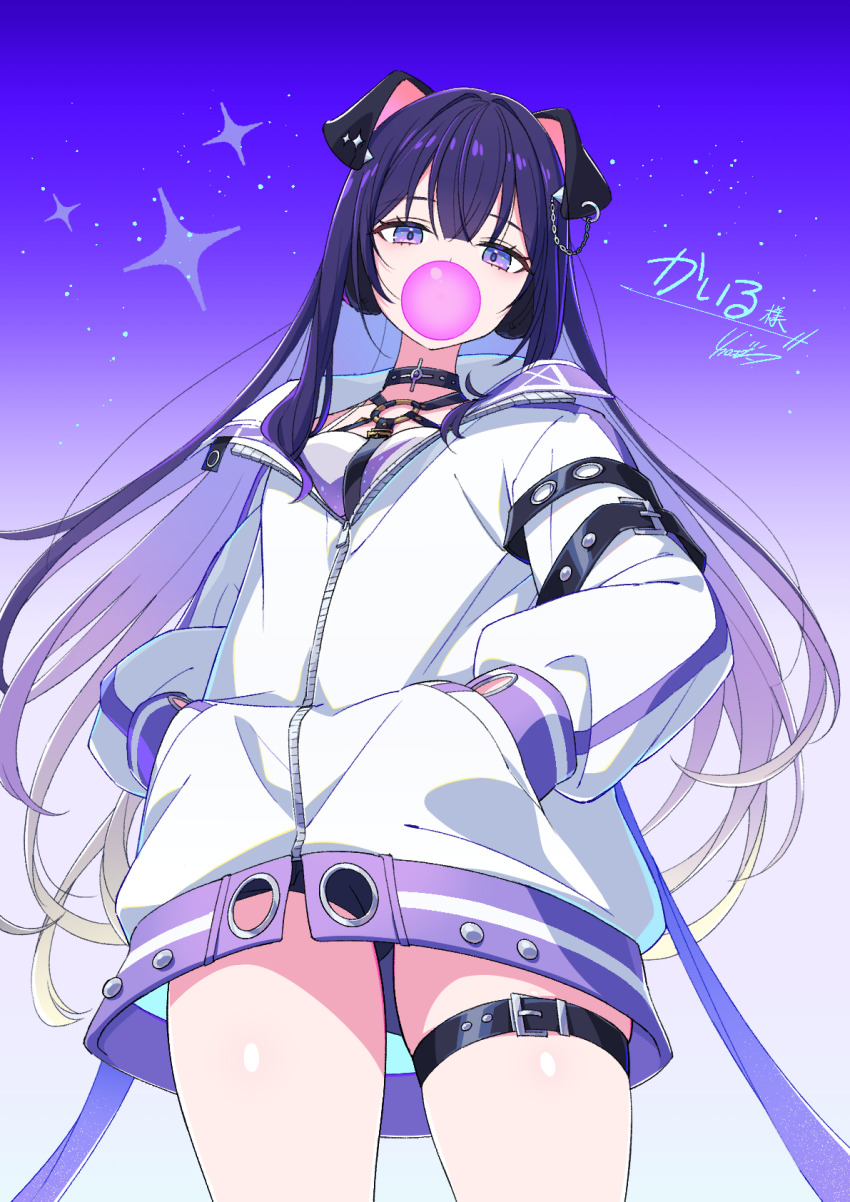 1girl animal_ears black_choker black_shorts blush breasts chest_belt chewing_gum choker commission dog_ears hands_in_pockets highres jacket kamuraaa_615 long_hair long_sleeves looking_at_viewer medium_breasts original purple_eyes purple_hair short_shorts shorts skeb_commission solo thigh_strap white_jacket