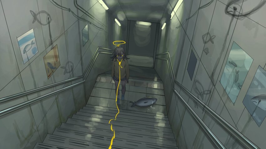 1other black_hair crying dark_skin fish glowing glowing_eyes halo highres long_sleeves noose original other_focus poster_(object) stairs standing streaming_tears subway_station tears tensen_(dotted_line) wide_shot yellow_eyes yellow_halo