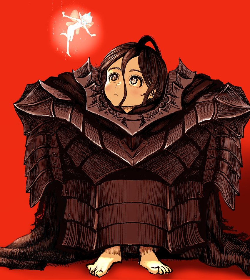 2boys armor barefoot berserk berserker_armor black_cloak black_hair blue_hair child cloak commentary_request eye_reflection fairy fairy_wings glowing highres long_hair male_focus moonlight_boy_(berserk) multiple_boys nisino2222 pointy_ears puck_(berserk) red_background reflection simple_background spiked_hair wings