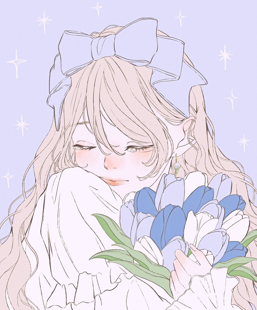 1girl blue_flower blue_tulip blush bow breasts brown_hair commentary flower hair_between_eyes hair_bow highres holding holding_flower long_hair nostrils original purple_background purple_bow shim_46 shiny_lips simple_background solo tulip white_flower white_tulip