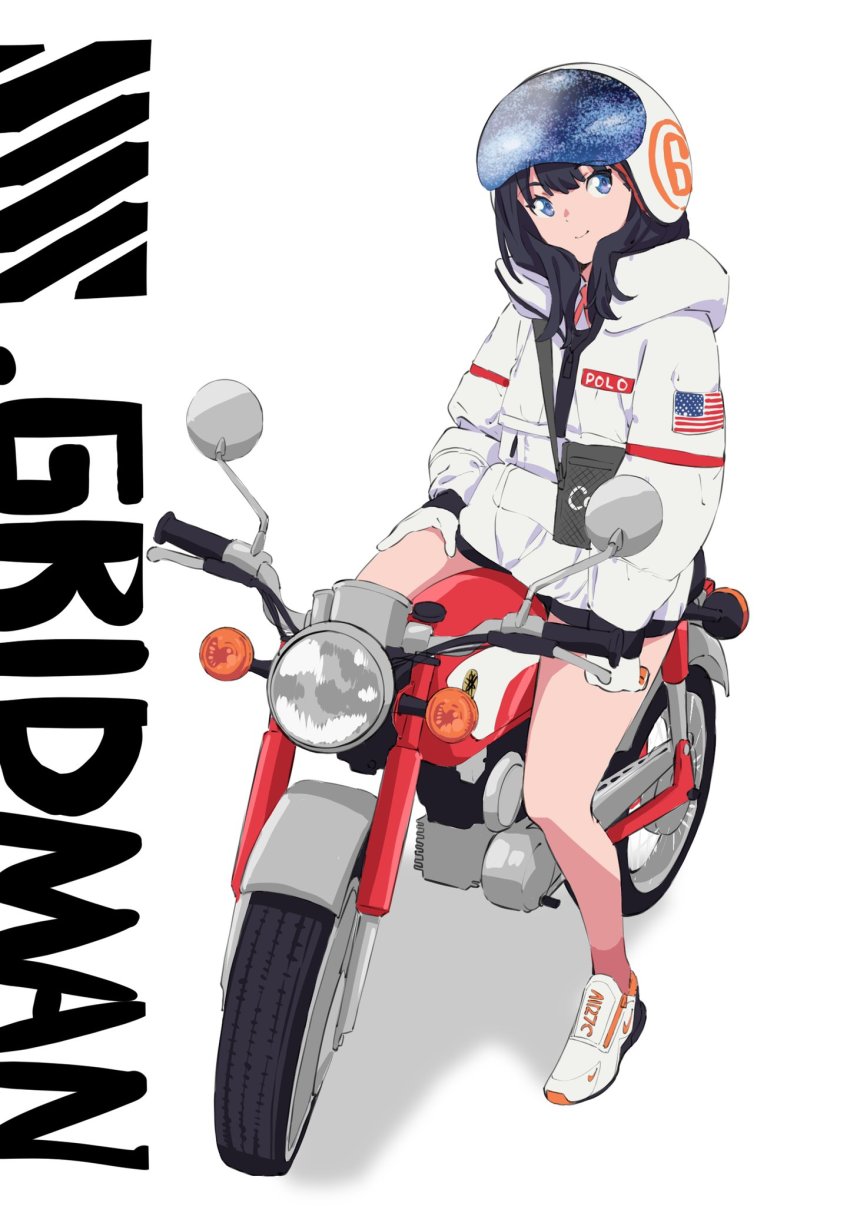 black_hair blue_eyes full_body gloves gridman_universe hair_between_eyes helmet highres hood hooded_vest hoodie jacket long_hair looking_at_viewer moped motor_vehicle motorcycle motorcycle_helmet noped saitou_kengo shoes simple_background sitting sitting_on_object smile sneakers solo ssss.gridman takarada_rikka vest white_background white_jacket
