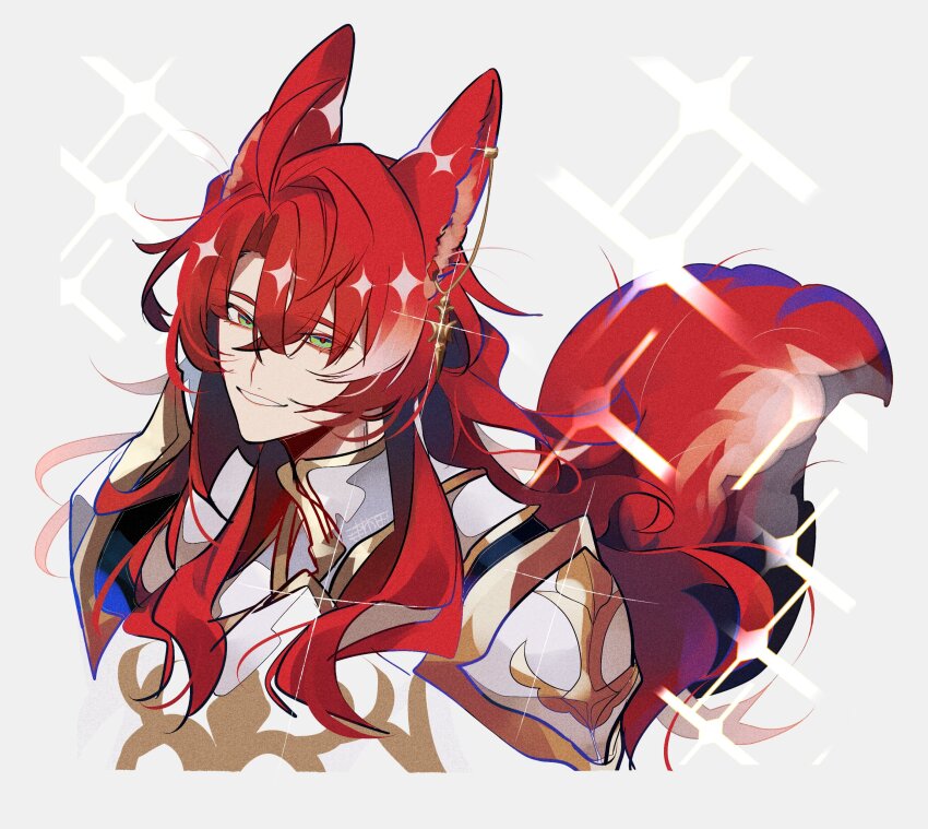 1boy absurdres animal_ears argenti_(honkai:_star_rail) armor fox_boy fox_ears fox_tail glint green_eyes grey_background highres honkai:_star_rail honkai_(series) kemonomimi_mode long_hair looking_at_viewer male_focus red_hair solo tail u_5ham0 upper_body