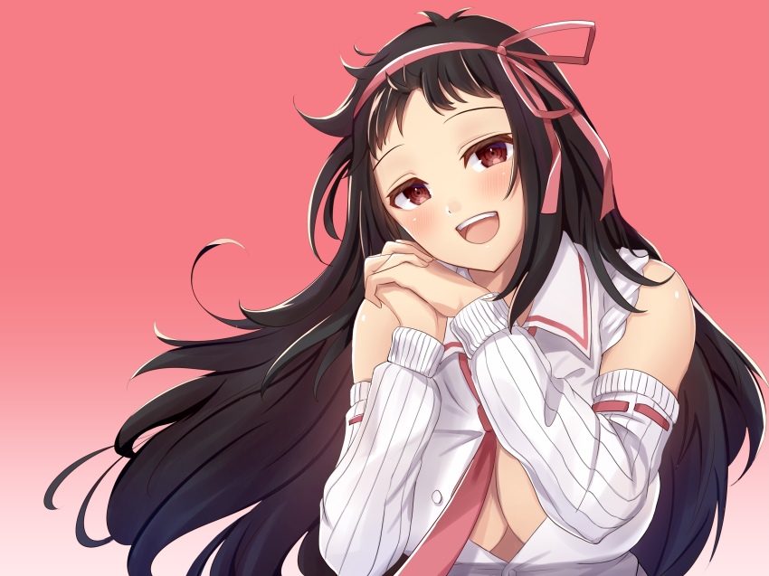 1girl absurdres ayame_(senran_kagura) breasts brown_hair cleavage hair_ribbon highres large_breasts lemonrou long_hair looking_at_viewer messy_hair red_eyes ribbon school_uniform senran_kagura smile solo