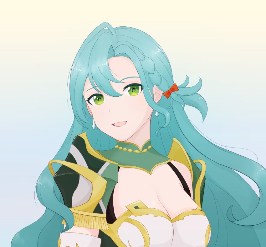 1girl absurdres aqua_hair bow braid breasts chloe_(fire_emblem) cleavage earrings fire_emblem fire_emblem_engage green_eyes highres large_breasts long_hair looking_at_viewer nintendo orange_bow rizthonpatate side_braid smile solo teardrop_earrings