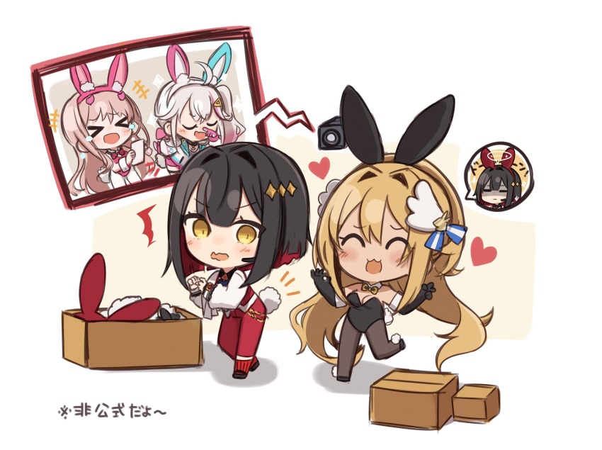 &gt;_&lt; +++ 4girls :3 :d ^_^ ahoge animal_ears bare_shoulders black_footwear black_gloves black_hair black_leotard blonde_hair box breasts brown_eyes brown_hair brown_pantyhose camera cardboard_box chibi cleavage closed_eyes elbow_gloves fake_animal_ears fang gloves goddess_of_victory:_nikke grey_hair hair_between_eyes hair_intakes heart highres holding jackal_(nikke) leotard long_sleeves medium_breasts multicolored_hair multiple_girls ok_sign open_mouth pants pantyhose pink_hair pink_leotard puffy_long_sleeves puffy_sleeves rabbit_ears rabbit_tail red_hair red_pants red_socks red_vest rouge_(nikke) rupee_(nikke) rupee_(rabbit_deluxe)_(nikke) shirt shoes side_ponytail smile socks standing standing_on_one_leg streaked_hair tail tears totatokeke translation_request two-tone_hair u_u v vest video_camera viper_(nikke) viper_(toxic_rabbit)_(nikke) white_pantyhose white_shirt xd