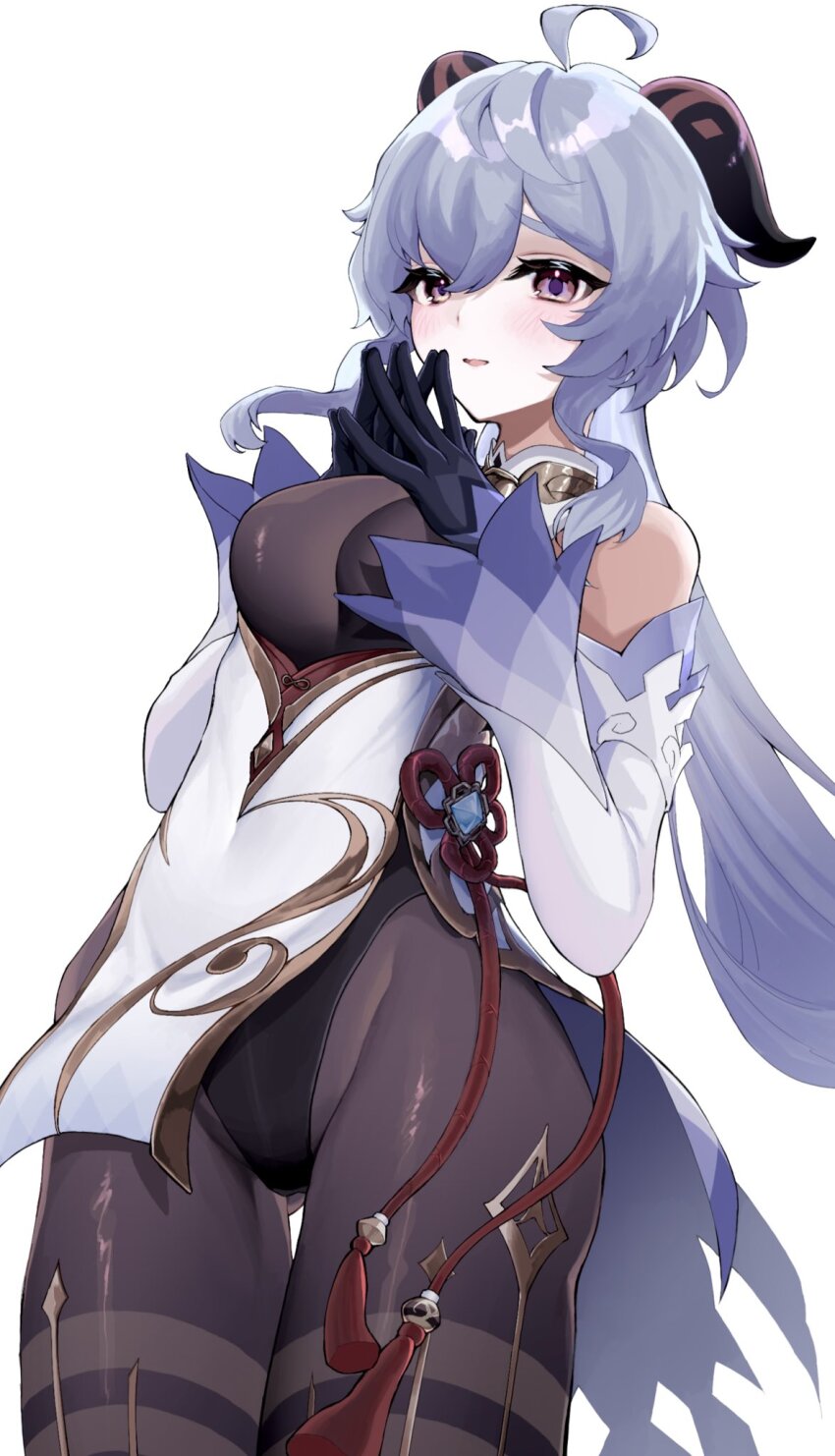 1girl ahoge bare_shoulders bell black_gloves black_leotard black_pantyhose blue_hair blush bodystocking bodystocking_only bodysuit breasts chinese_knot detached_sleeves ganyu_(genshin_impact) genshin_impact gloves gluteal_fold gold_trim groin highres horns jewelry kamingusun_(u3d6md) legs_together leotard leotard_under_clothes long_hair looking_at_viewer medium_breasts neck_bell open_mouth own_hands_together pantyhose purple_eyes red_rope rope sidelocks solo standing thigh_gap thighlet thighs vision_(genshin_impact) waist_cape white_background white_sleeves