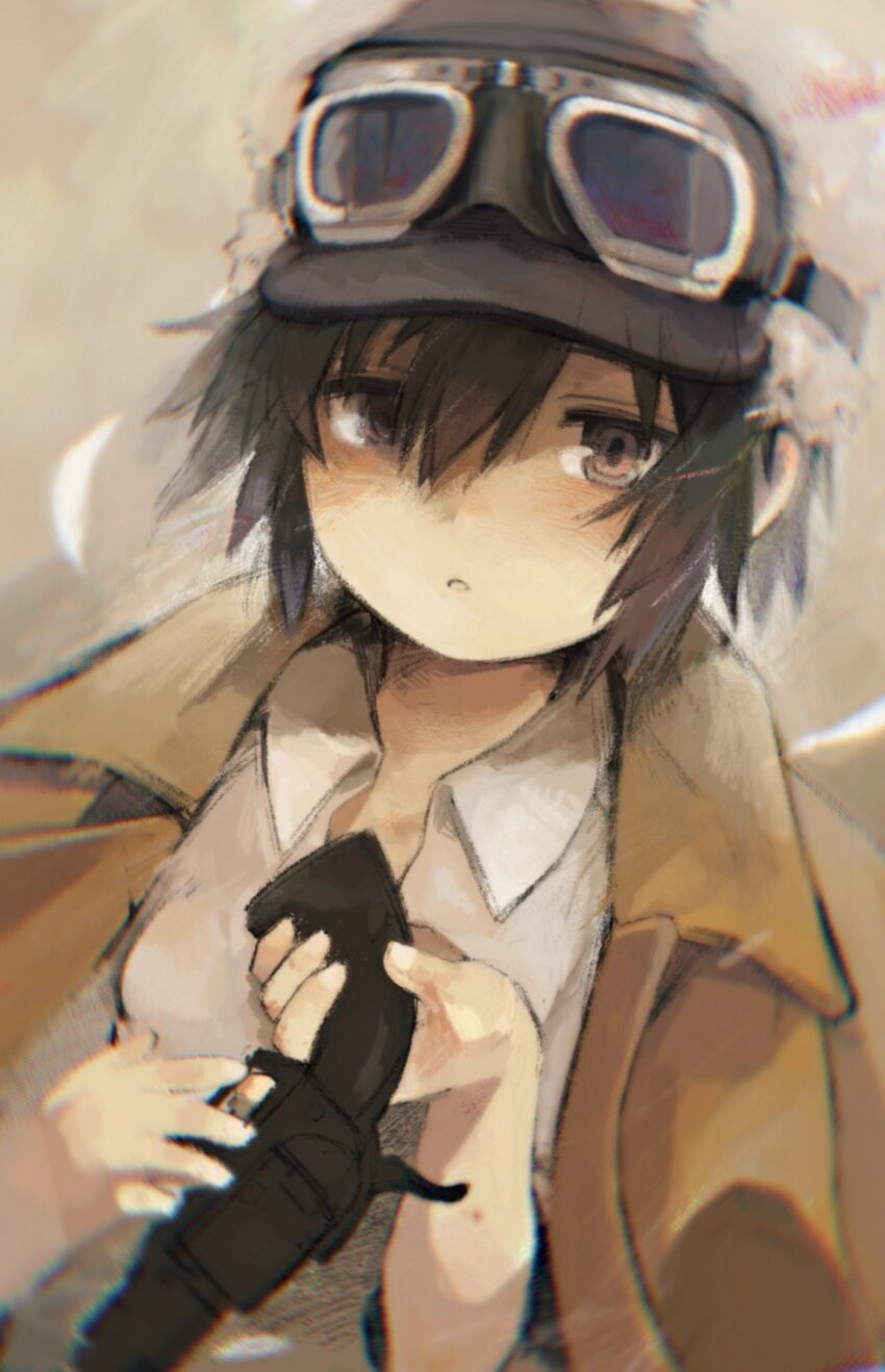 1girl androgynous black_hair black_hat brown_background brown_coat brown_eyes close-up coat collared_shirt commentary dress_shirt goggles goggles_on_headwear gun hair_between_eyes handgun hat highres holding holding_gun holding_weapon kino_(kino_no_tabi) kino_no_tabi light_blush looking_at_viewer open_clothes open_coat painterly parted_lips portrait revolver shaded_face shirt short_hair solo taru153 ushanka very_short_hair weapon weapon_request white_shirt wind