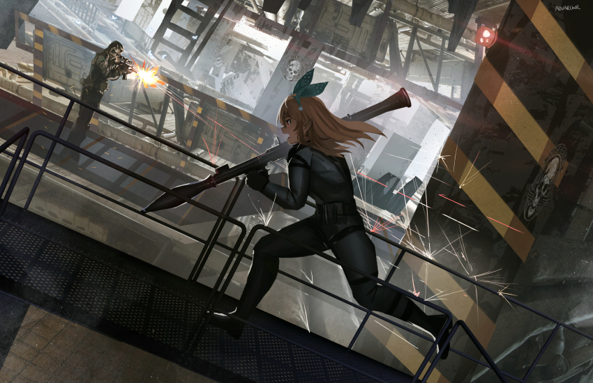 1boy 1girl absurdres advarcher assault_rifle battle blonde_hair commentary cosplay eyepatch firing green_ribbon gun hair_ribbon highres holding holding_gun holding_weapon industrial long_hair metal_gear_(series) metal_gear_1 metal_gear_solid_v:_the_phantom_pain muzzle_flash nijisanji nijisanji_en open_mouth pointy_ears pomu_rainpuff railing red_eyes ribbon rifle rocket_launcher rpg rpg-7 rpg_(weapon) running scope solid_snake solid_snake_(cosplay) standing venom_snake virtual_youtuber weapon