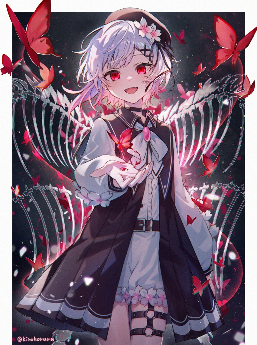 1girl :d beret black_choker black_dress black_hat border brooch bug butterfly choker dress dress_over_shirt fang flower gradient_hair hair_flower hair_ornament hat highres iku2727 insect jewelry looking_at_viewer mahou_shoujo_no_majo_saiban multicolored_hair neck_ribbon o-ring o-ring_thigh_strap open_mouth pink_hair red_butterfly red_eyes ribbon sakuraba_ema shirt short_hair skeletal_wings smile solo spoilers thigh_strap twitter_username upper_body white_border white_flower white_hair white_ribbon white_shirt wings witch_(manosaba) x_hair_ornament