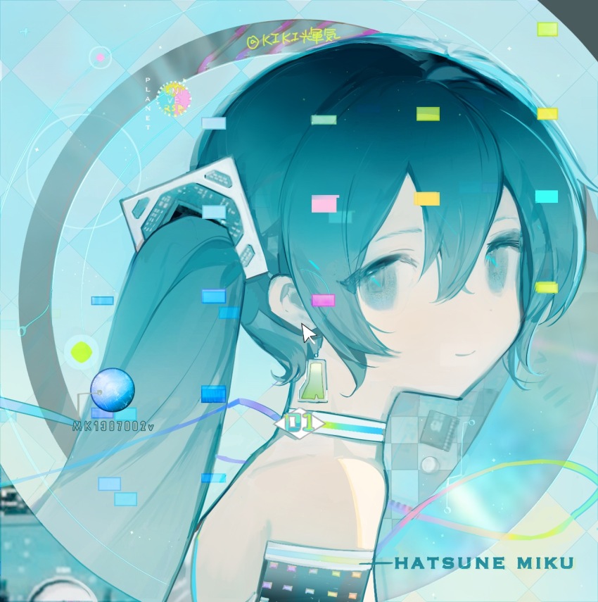 1girl argyle_background bare_shoulders blue_background blue_eyes blue_hair character_name checkers_piece chessboard choker closed_mouth commentary cursor earrings english_commentary from_side frutiger_aero gradient_hair hair_ornament halter_shirt halterneck hatsune_miku highres jewelry kikihuihui long_hair looking_at_viewer multicolored_hair multicolored_ribbon notebook ofuda_earrings planet rainbow_gradient ribbon shirt smile solo twintails twitter_username upper_body vocaloid watermark weibo_watermark white_choker white_shirt