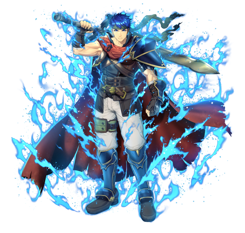 1boy absurdres aura blue_eyes blue_hair brown_gloves cape clenched_hand commentary_request fingerless_gloves fire_emblem fire_emblem:_radiant_dawn fire_emblem_engage fire_emblem_heroes full_body gloves greatsword headband highres holding holding_behind_back holding_sword holding_sword_behind_back holding_weapon holding_weapon_behind_back ike_(emblem)_(fire_emblem) ike_(fire_emblem) looking_at_viewer male_focus muscular muscular_male nintendo official_art okuma_yuugo ragnell red_cape short_hair simple_background single_shoulder_pad solo sword weapon white_background