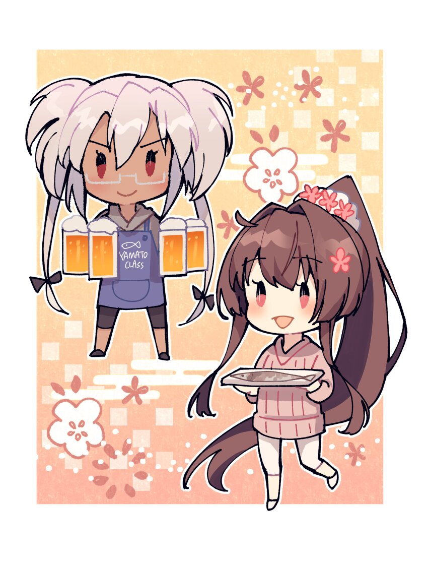2girls absurdres alcohol apron beer beer_mug black_ribbon blue_apron brown_hair chibi clothes_writing commentary_request cup dark-skinned_female dark_skin fish flower food grey_hair grey_hoodie hair_between_eyes hair_flower hair_ornament hair_ribbon highres holding hood hood_down hoodie kantai_collection kasumi_(skchkko) leggings long_hair mug multiple_girls musashi_(kancolle) open_mouth pink_flower pink_sweater ponytail red_eyes ribbon saury standing sweater twintails very_long_hair yamato_(kancolle) yamato_(spring)_(kancolle)