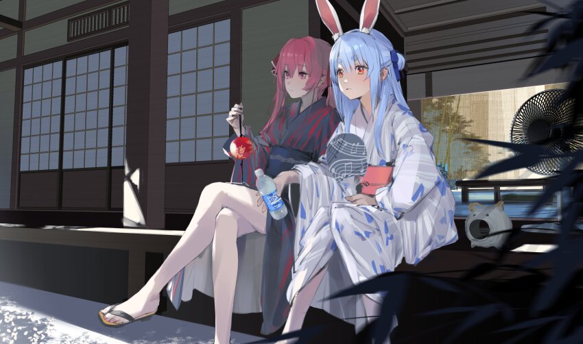 2girls absurdres alternate_hairstyle black_kimono black_sash blue_bow blue_hair bottle bow clothes_lift crossed_legs electric_fan hair_bow highres holding holding_bottle hololive houshou_marine japanese_clothes kimono kimono_lift kiriyama legs light_blue_hair multiple_girls no_socks obi orange_eyes porch red_bow red_eyes red_hair red_sash sash shouji sitting sliding_doors tabi thick_eyebrows twintails usada_pekora veranda virtual_youtuber water_bottle white_kimono yukata