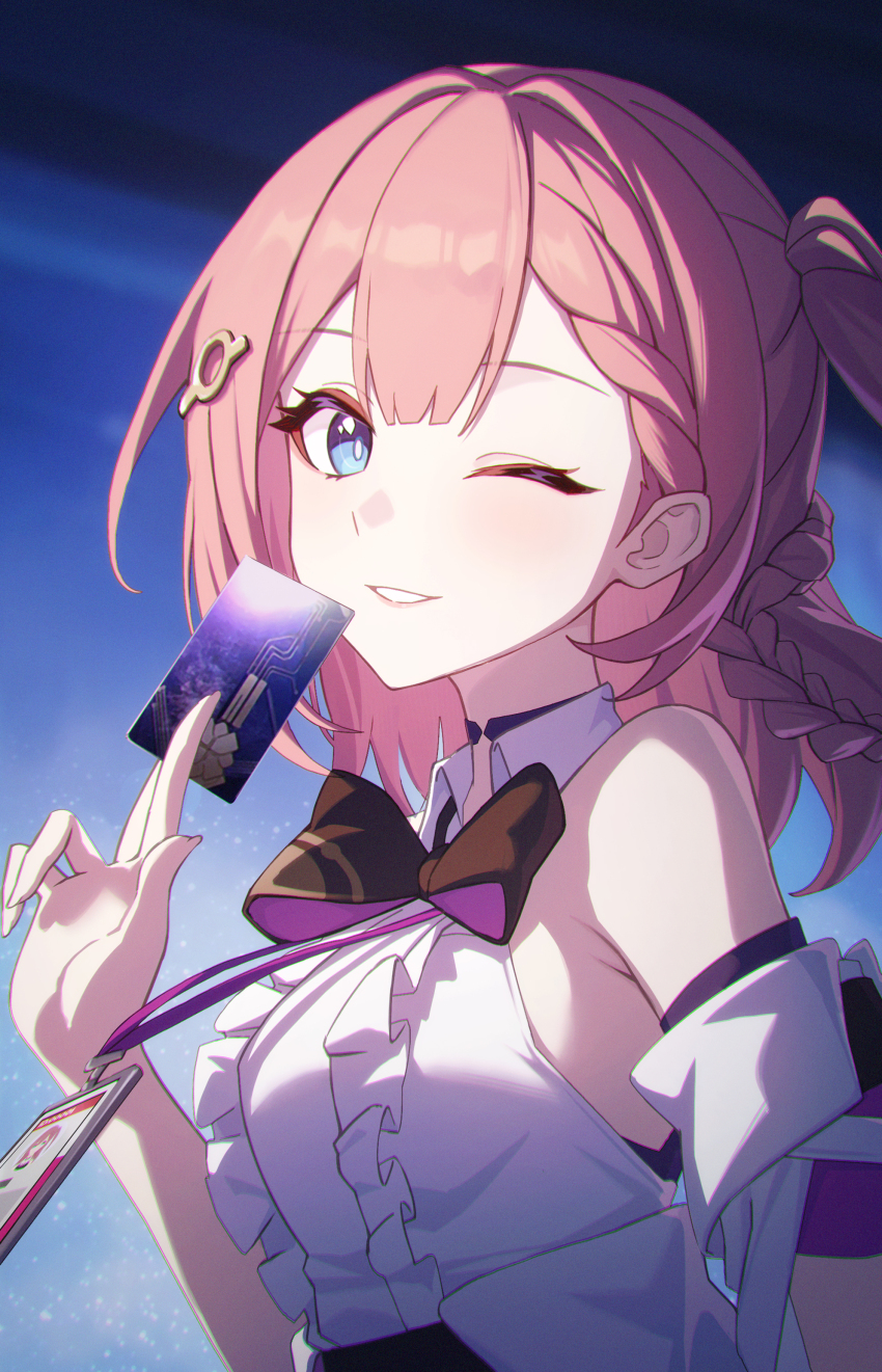 1girl absurdres asta_(honkai:_star_rail) bare_shoulders blue_eyes blush bow bowtie braid hair_ornament highres holding honkai:_star_rail honkai_(series) id_card looking_at_viewer one_eye_closed one_side_up pink_hair shali shirt sleeveless sleeveless_shirt smile solo upper_body white_shirt