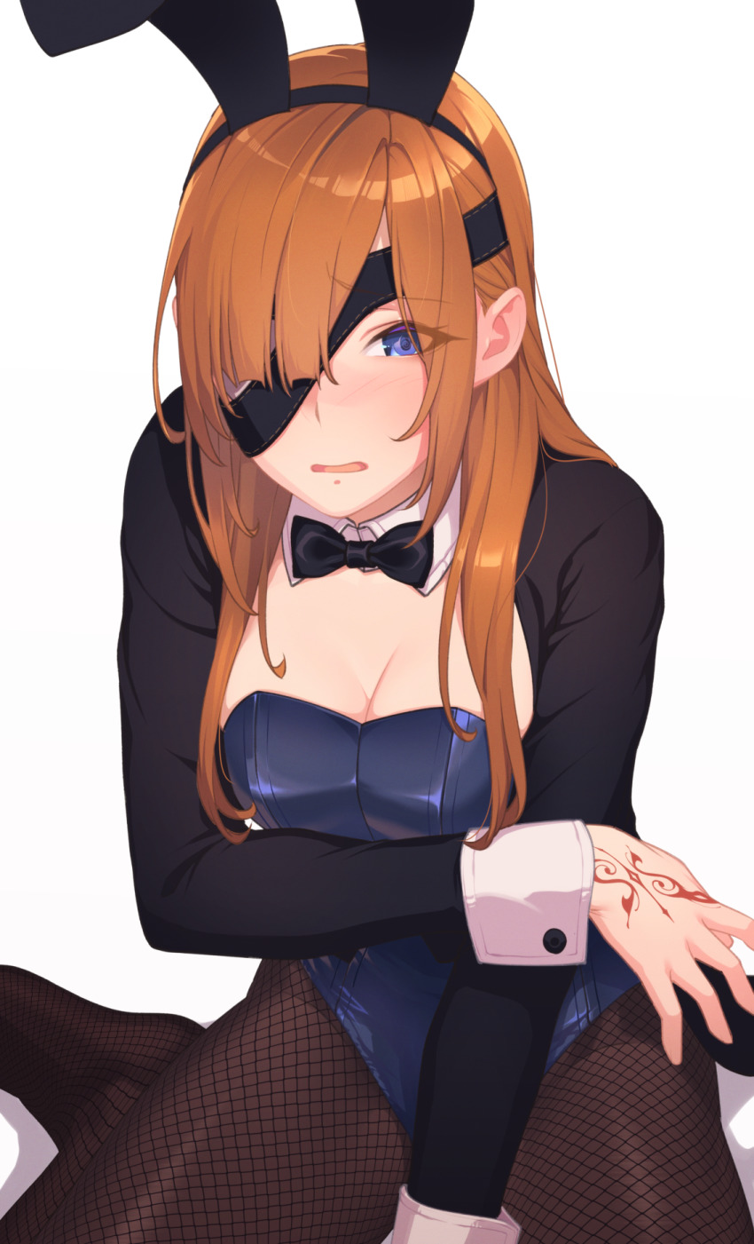 1girl animal_ears black_jacket blue_eyes blue_leotard blush breasts brown_hair detached_collar eyepatch fake_animal_ears fate/grand_order fate_(series) fishnet_pantyhose fishnets highleg highleg_leotard highres hikichi_sakuya jacket leotard long_hair long_sleeves looking_at_viewer medium_breasts open_clothes open_jacket ophelia_phamrsolone pantyhose playboy_bunny rabbit_ears sidelocks sitting solo wariza