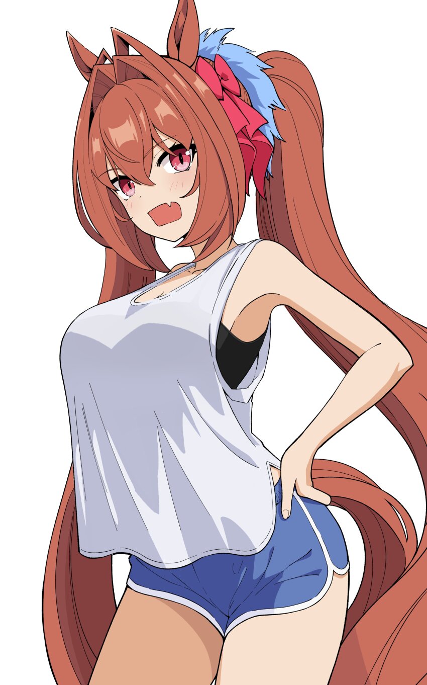 1girl absurdres alternate_costume animal_ears black_shirt blue_shorts breasts brown_hair daiwa_scarlet_(umamusume) dolphin_shorts fang hair_intakes hair_ribbon hand_on_own_hip highres horse_ears horse_girl horse_tail large_breasts long_hair looking_at_viewer oxymoron_0213 ribbon shirt shirt_under_shirt shorts skin_fang sleeveless sleeveless_shirt tail twintails umamusume very_long_hair white_background white_shirt