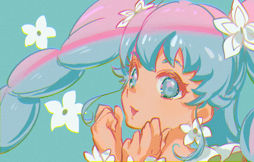 1girl aqua_background blue_eyes blue_hair bracelet cure_princess cure_princess_(macadamia_hula_dance) dress earrings eyelashes flower flower_bracelet flower_earrings frilled_dress frills green_dress hair_flower hair_ornament hands_on_own_cheeks hands_on_own_face happinesscharge_precure! jewelry long_hair looking_ahead magical_girl multi-tied_hair official_alternate_costume open_mouth precure shipu_(gassyumaron) shirayuki_hime simple_background smile solo tareme twintails upper_body white_flower