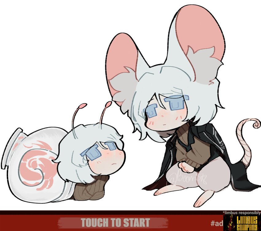 2girls animal_ears antennae black_coat blue_eyes boun578 brown_sweater cheese closed_mouth coat coat_on_shoulders faust_(project_moon) food highres limbus_company looking_up mouse_ears mouse_girl mouse_tail multiple_girls multiple_persona project_moon shell short_hair simple_background snail snail_girl snail_shell solo sweater tail white_background white_hair