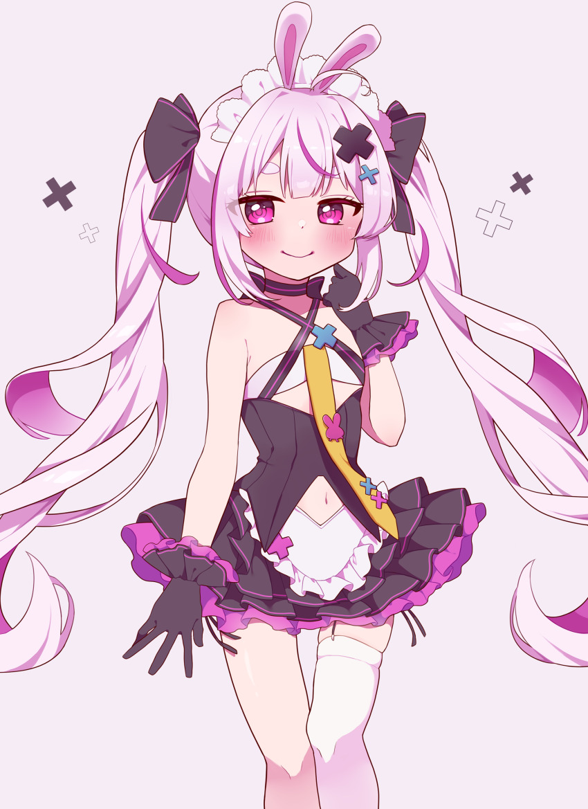 absurdres blush child gloves hair_ornament hairpin highres indie_virtual_youtuber necktie purple_eyes purple_hair rabbit_ears ribbon skirt smile tomari_mari umecha