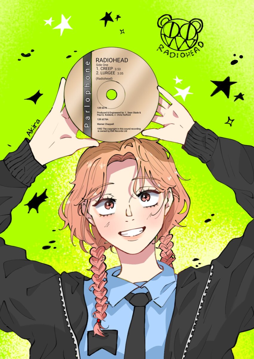 1girl akira_(akiraaa_10) alternate_hairstyle arms_up artist_name black_jacket black_necktie blue_shirt braid brown_eyes brown_hair collared_shirt commentary green_background grin group_name highres holding_record jacket kininatteru_hito_ga_otoko_ja_nakatta logo long_hair necktie oosawa_aya open_clothes open_jacket parted_bangs radiohead_(band) shirt smile solo star_(symbol) twin_braids twintails upper_body