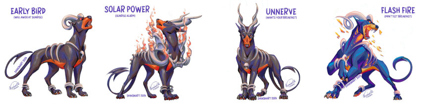 absurdres alternate_color animal_focus artist_name bone closed_mouth commentary dated dobermann dog english_commentary english_text fire full_body gen_2_pokemon highres houndoom howling long_image mega_houndoom mega_pokemon nintendo no_humans open_mouth orange_eyes pokemon pokemon_(creature) pokemon_move red_eyes shadeofshinon shiny_pokemon signature simple_background solo standing white_background wide_image
