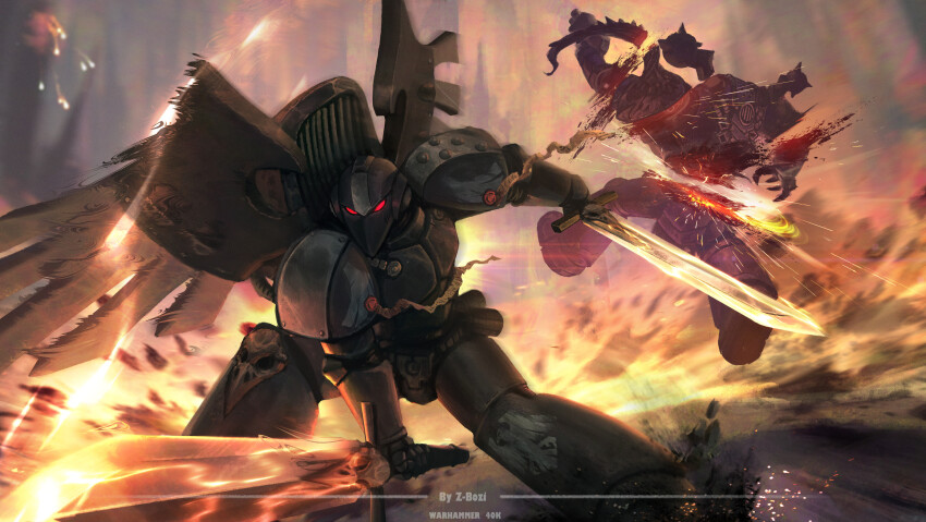 absurdres adeptus_astartes animal_skull_ornament armor bird_skull_ornament blood chaos_space_marine helmet highres holding holding_sword holding_weapon nykona_sharrowkyn power_armor purity_seal raven_guard red_eyes sword warhammer_40k weapon wings zhang_bozi