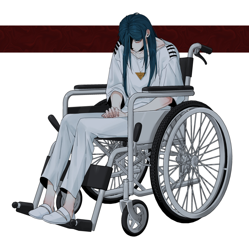 1boy absurdres alternate_hair_length alternate_hairstyle blue_hair closed_mouth full_body hair_over_one_eye highres long_hair looking_at_viewer looking_down maelo male_focus meguriya_ayumu own_hands_together pants shirt shoes sitting solo toshi_densetsu_kaitai_center triangle_necklace wheelchair white_pants white_shirt white_shoes yellow_eyes