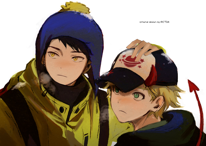 2boys absurdres animification baseball_cap black_hair breath chullo commentary craig_tucker demon_horns demon_tail frown green_eyes hand_on_another&#039;s_head hat high_collar highres horns jacket male_focus multiple_boys portrait short_hair south_park south_park:_phone_destroyer tail tweek_tweak yellow_eyes yun70