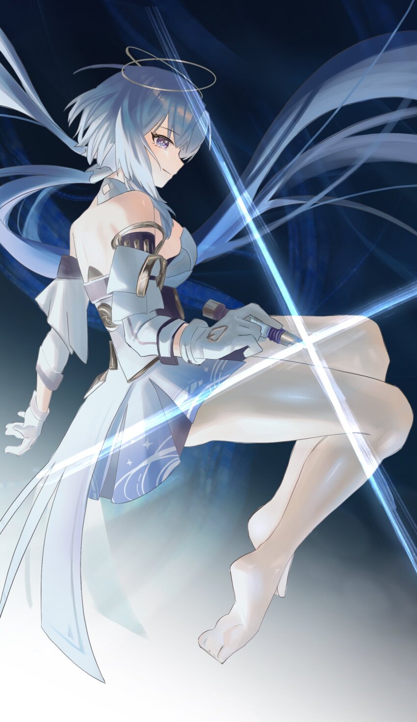 1girl absurdres bare_shoulders barefoot blue_hair breasts commentary_request detached_sleeves dress duoyun_de_tiankong floating from_side full_body griseo griseo_(cosmic_expression) halter_dress halterneck highres holding holding_pen honkai_(series) honkai_impact_3rd knees_up light_blue_hair long_hair looking_at_viewer pen purple_eyes short_hair smile solo very_short_hair white_dress