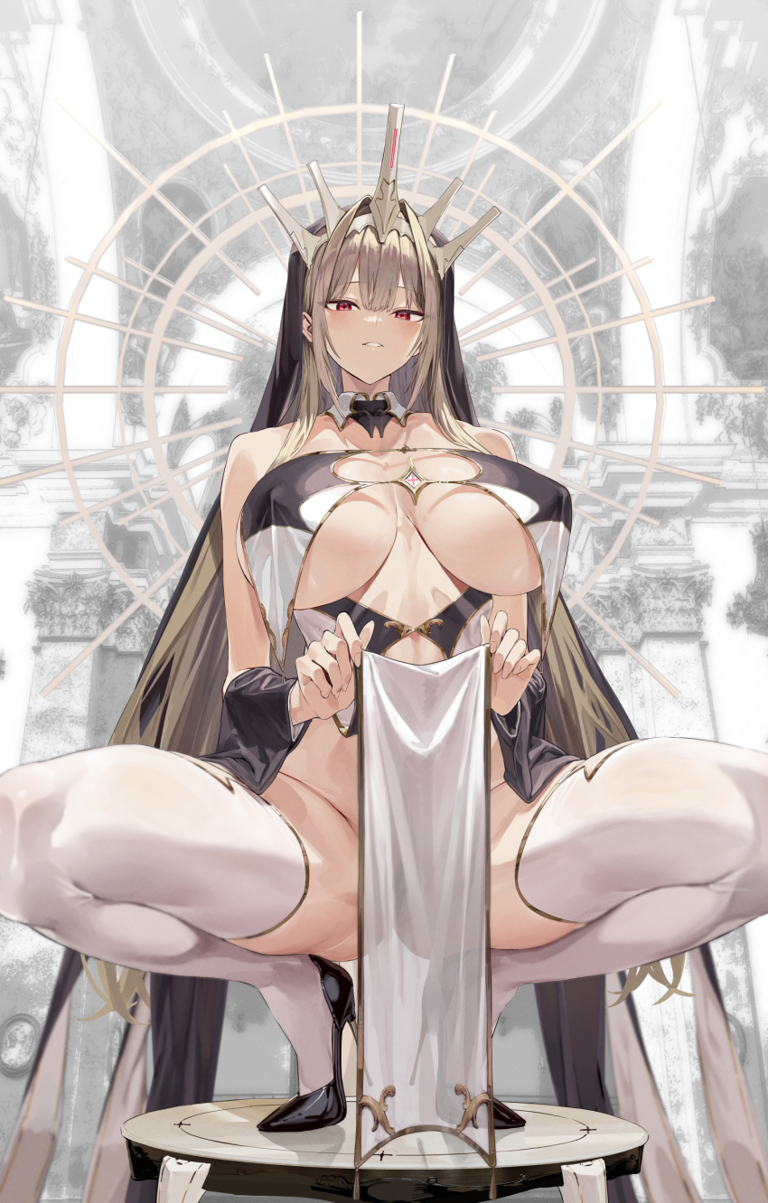 1girl bare_shoulders black_footwear black_headwear breast_curtains breasts brown_hair clothes_lift commentary covered_erect_nipples double-parted_bangs hair_between_eyes hair_intakes hair_ornament high_heels highres hiiragi_yuuichi huge_breasts long_hair looking_at_viewer no_panties nun open_mouth original pelvic_curtain pelvic_curtain_lift red_eyes revealing_clothes smile solo squatting thick_thighs thighhighs thighs veil white_thighhighs