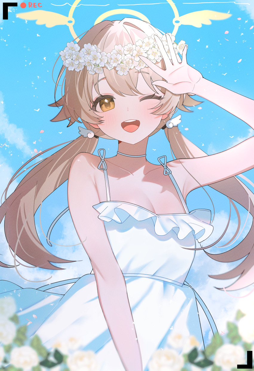 1girl ;d absurdres ahoge arm_up armpits bare_arms blue_archive blue_sky blurry blurry_foreground choker cloud commentary crossed_bangs day double-parted_bangs dress flower flower_wreath frilled_dress frills hair_between_eyes hair_flaps halo hifumi_(blue_archive) highres long_hair looking_at_viewer low_twintails one_eye_closed open_mouth outdoors shusuchii sky sleeveless sleeveless_dress smile solo spaghetti_strap symbol-only_commentary teeth twintails upper_teeth_only viewfinder white_choker white_dress white_flower winged_hair_ornament yellow_eyes