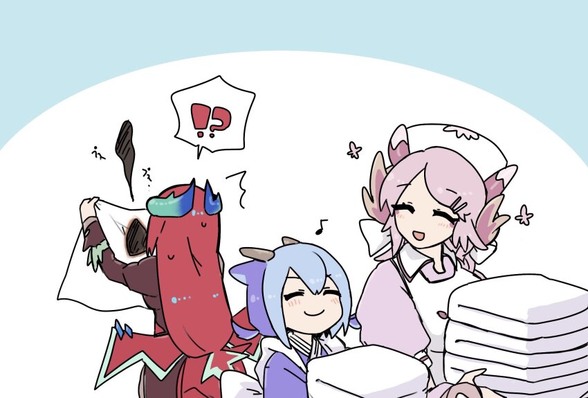 !? 3girls bed_sheet blue_hair blush burnt burnt_clothes closed_eyes closed_mouth dragon_girl dragon_horns dragon_tail dragon_wings duel_monster eastern_dragon_horns ei_(tdnei666) hat highres holding holding_sheet horns kitchen_dragonmaid laundry_dragonmaid long_hair long_sleeves multiple_girls nurse nurse_cap nurse_dragonmaid open_mouth red_hair simple_background smile tail twintails wings yu-gi-oh!