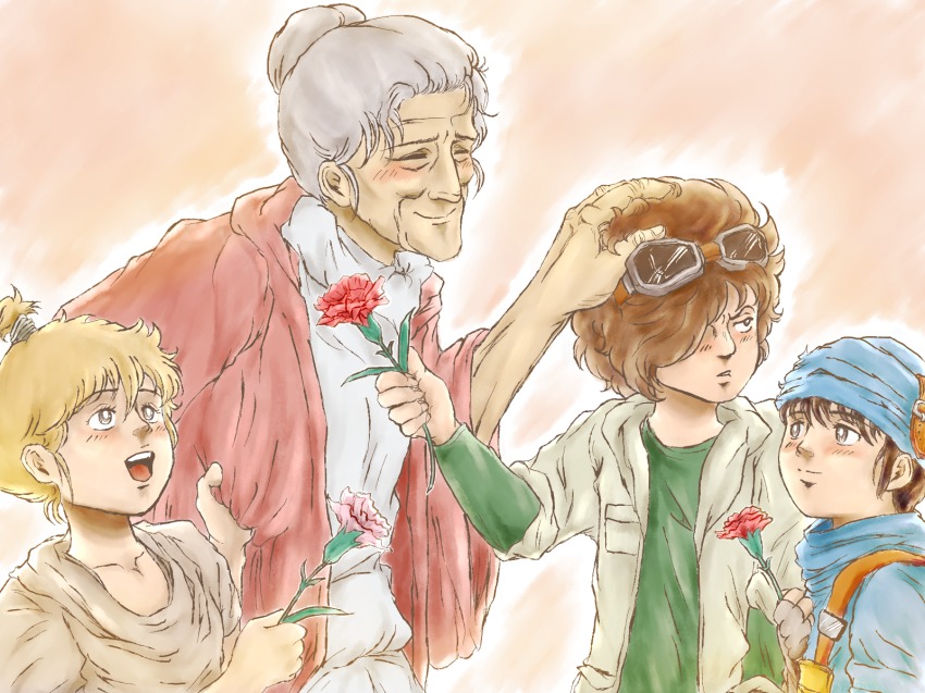 1girl 3boys :d annoyed bat_(hokuto_no_ken) beige_background black_hair blonde_hair blush brown_eyes brown_hair buckle child collarbone closed_eyes flower goggles grabbing grandmother_and_grandson hair_bun hand_on_another&#039;s_head highres hokuto_no_ken holding holding_flower jacket looking_away looking_to_the_side looking_up multiple_boys nisejuuji old old_woman open_clothes open_jacket open_mouth over_shoulder pocket rose silver_hair simple_background single_hair_bun smile sweater taki_(hokuto_no_ken) teeth toyo_(hokuto_no_ken) turban upper_body