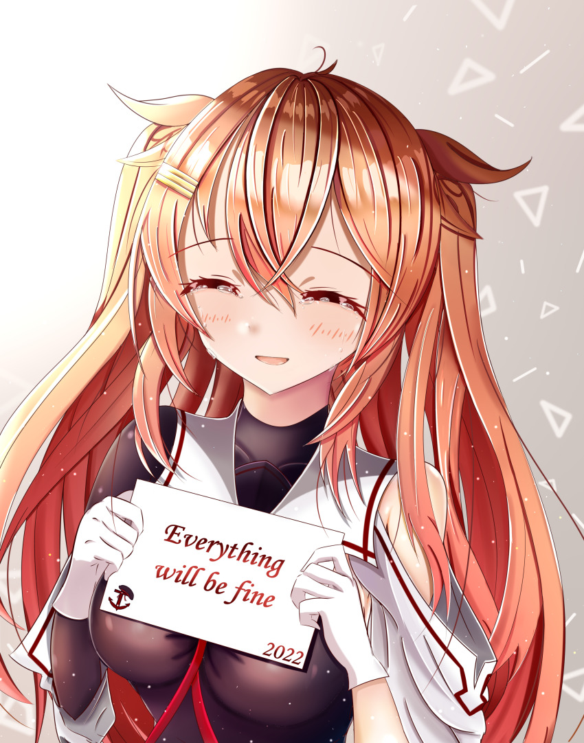 1girl 2022 absurdres black_ribbon breasts brown_hair chinese_commentary closed_eyes commentary crying english_commentary english_text facing_viewer gloves hair_between_eyes hair_flaps hair_ornament hair_ribbon hairclip happy_new_year highres holding holding_sign kantai_collection large_breasts long_hair mixed-language_commentary murasame_(kancolle) murasame_kai_ni_(kancolle) new_year ribbon sign smile solo two_side_up upper_body white_gloves zangetsu_yuki_yuki