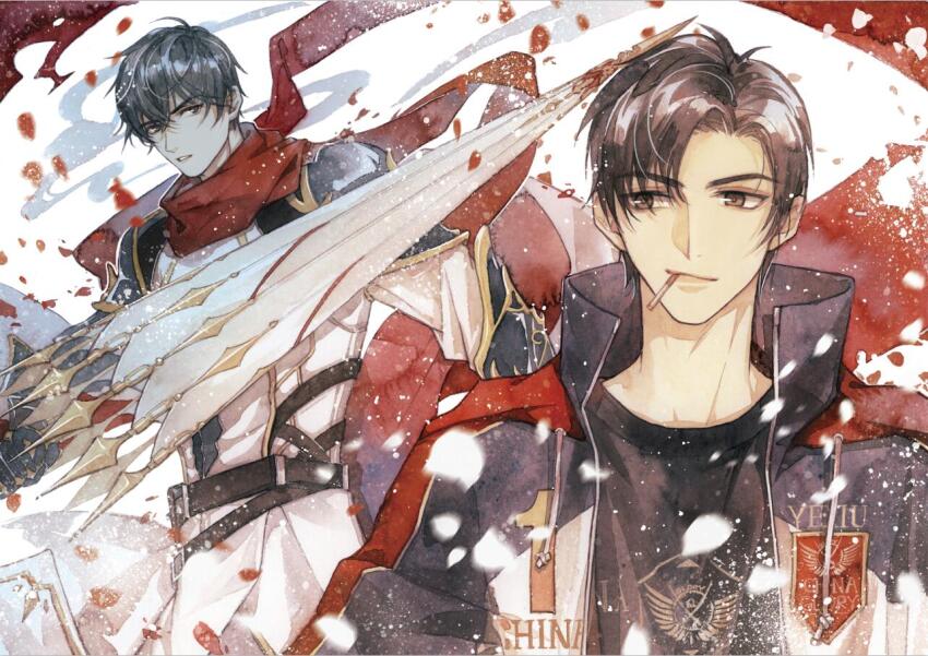 2boys armor belt black_hair black_jacket black_shirt brown_eyes brown_hair cigarette closed_mouth dual_persona gauntlets hair_between_eyes holding holding_umbrella holding_weapon jacket long_sleeves looking_at_viewer male_focus mouth_hold multiple_boys official_alternate_costume painting_(medium) petals quan_zhi_gao_shou red_scarf scarf shirt short_hair shoulder_armor simple_background smile smoke smoking tai3_3 traditional_media umbrella upper_body watercolor_(medium) weapon white_armor white_background ye_xiu ye_xiu_(lord_grim)