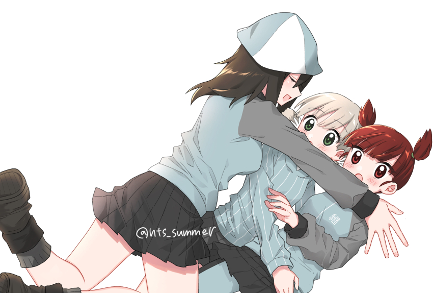 3girls aki_(girls_und_panzer) ankle_boots black_boots black_skirt blue_hat blue_jacket blue_pants blue_shirt blunt_bangs boots brown_hair closed_eyes girls_und_panzer green_eyes grey_skirt grey_socks hair_tie hat highres incoming_hug jacket keizoku_military_uniform keizoku_school_uniform leaning_back leaning_forward long_hair long_sleeves looking_at_another low_twintails mika_(girls_und_panzer) mikko_(girls_und_panzer) military_uniform miniskirt multiple_girls natsusa_(nts_summer) open_mouth pants pants_under_skirt pleated_skirt raglan_sleeves red_eyes red_hair school_uniform shirt short_hair short_twintails skirt smile socks standing striped_clothes striped_shirt track_jacket track_pants tulip_hat twintails twitter_username vertical-striped_clothes vertical-striped_shirt